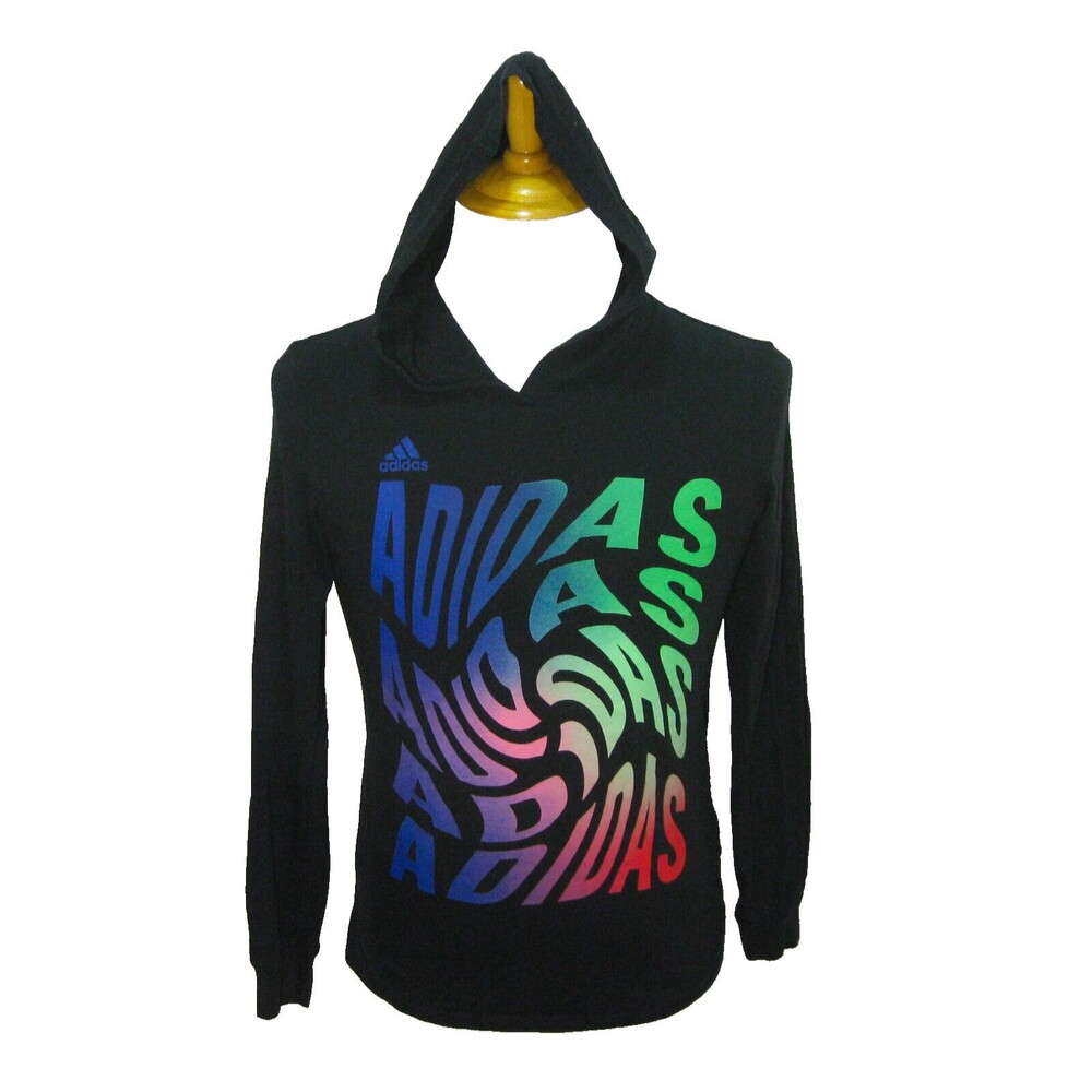 ADIDAS Boy's (Size Large 14/16) Black Athletic Hoodie Graphic Hooded T-Shirt Top